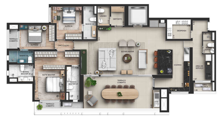 CAPITOLO by Piero Lissoni-Planta Apartamento Tipo Opção 2 - Decorado com Caixilho_ com 3 Suítes, Despensa, Lavabo e Rouparia (1)