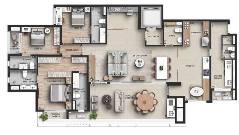 CAPITOLO by Piero Lissoni-Planta Apartamento Tipo Opção 3_ com 3 Suítes e Cozinha Ampliada (Sem Despensa)