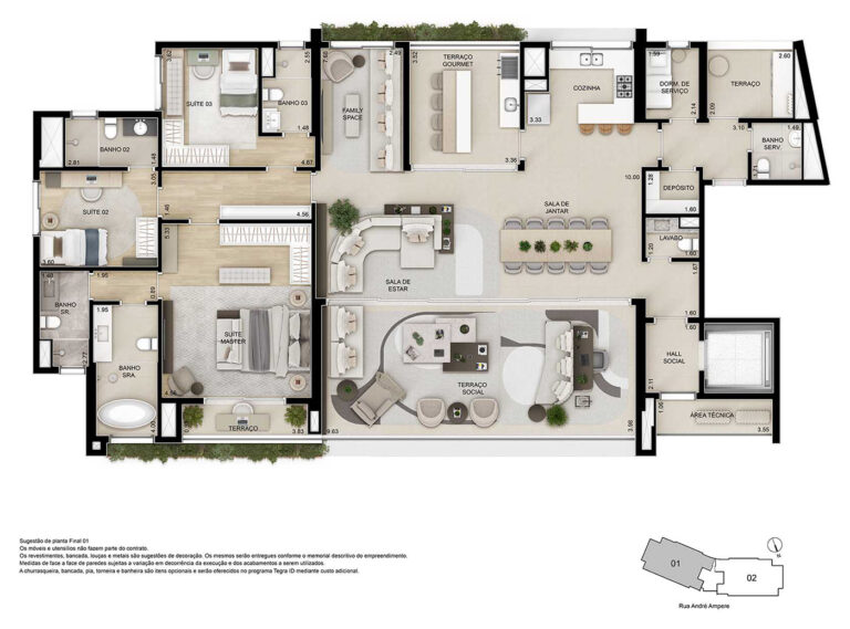 Ampère Brooklin-Planta Opção 3 -Decorado - Cozinha aberta com ilha, family space e suíte master com banho Sr. e Sra.
