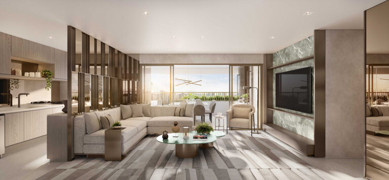 Bem Moema-Perspectiva ilustrada do living decorado de 123m²