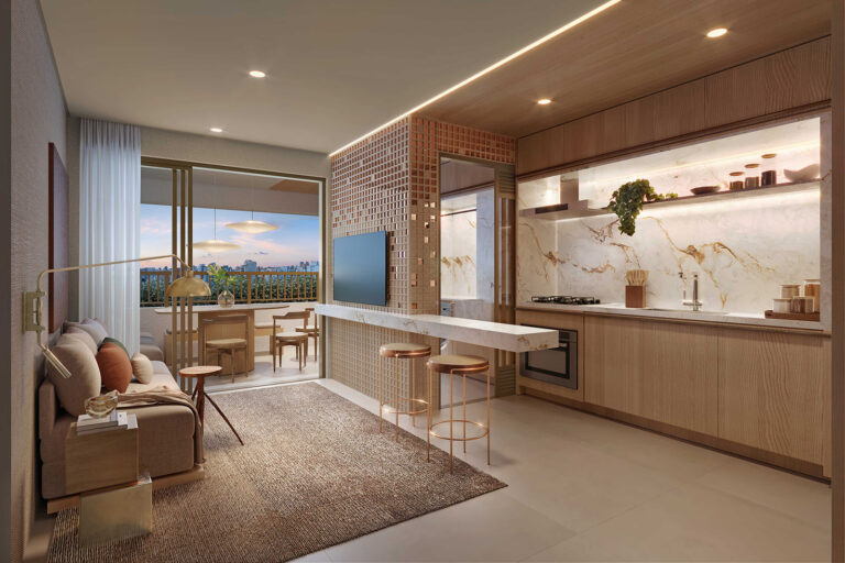 Bem Moema-Perspectiva ilustrada do living decorado de 80m²